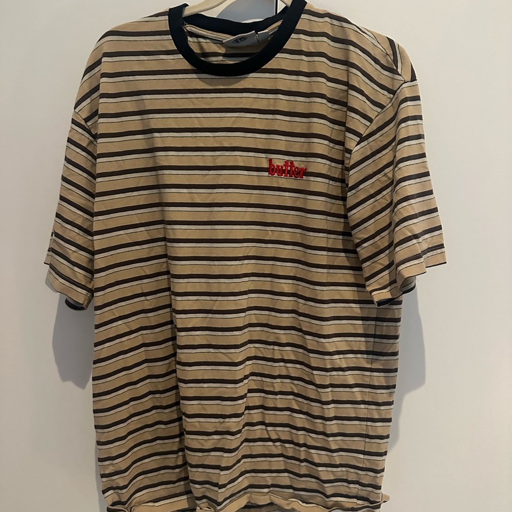 Butter Striped Beige and Black Ringer Tee with Red Accent